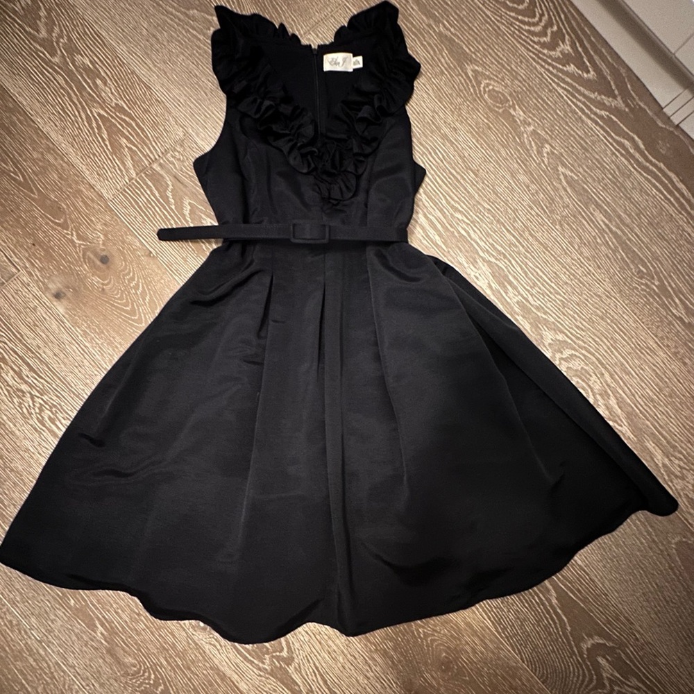 Eliza J Navy Ruffle Collar Belted Dress | Size 12 Petite | Pockets | Tulle Lined